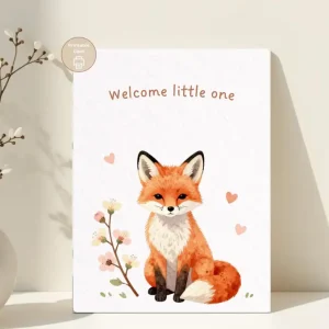 Styled product mockup: Welcome Little One, Fox New Baby Card, Woodland Baby Shower Card