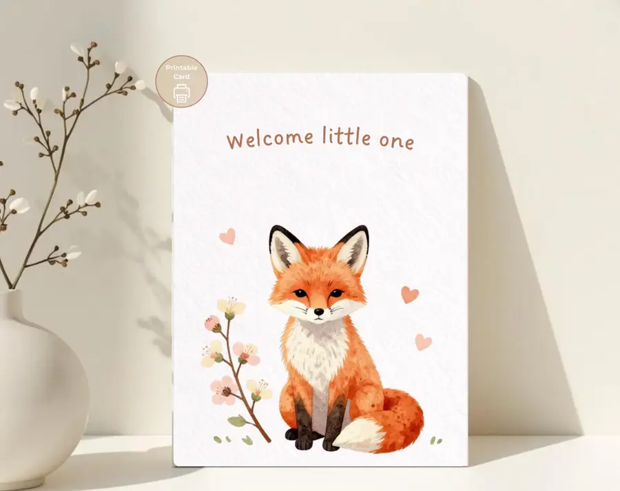 Styled product mockup: Welcome Little One, Fox New Baby Card, Woodland Baby Shower Card
