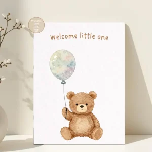 Styled product mockup: Welcome Little One, Teddy Bear New Baby Card, Balloon Baby Card