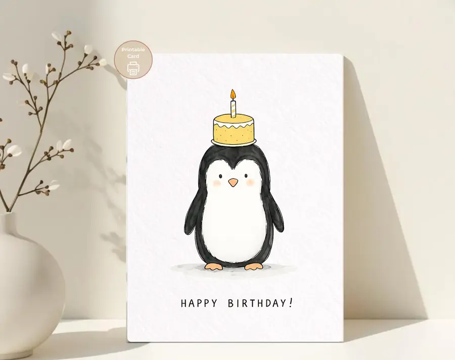 Styled product mockup: Printable Penguin Card, Birthday Greeting, Gift Idea