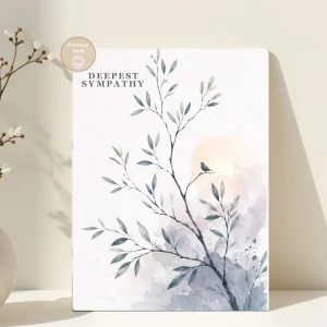 Styled product mockup: A printable quiet branch sympathy card for flower lovers, spring birthdays, and thoughtful everyday notes.