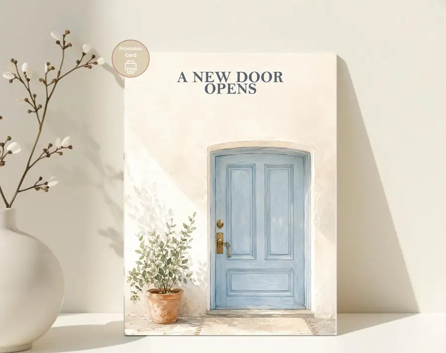 Styled product mockup: New Home Greeting Card Printable, Housewarming Card, Blue Door Watercolor Card