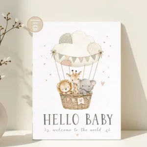 Styled product mockup: Welcome Little One Card, Neutral Newborn Greeting, Moon Baby Theme