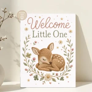 Styled product mockup: Welcome Little One Card, Sleeping Fawn, Newborn Greeting