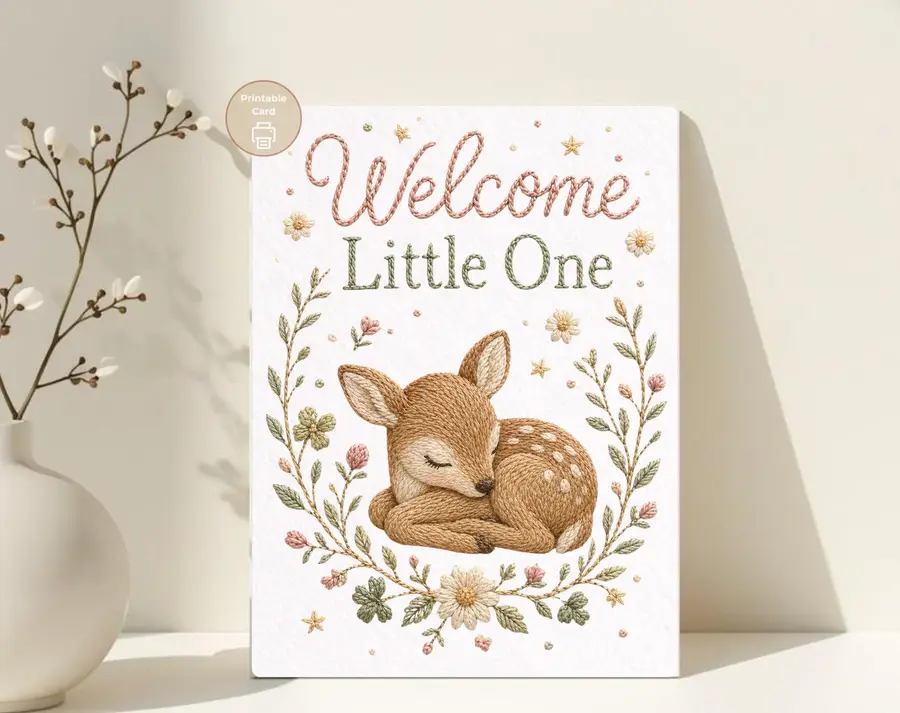 Styled product mockup: Welcome Little One Card, Sleeping Fawn, Newborn Greeting