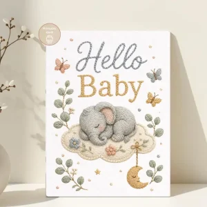 Styled product mockup: Hello Baby Card, Sleeping Elephant, Newborn Greeting