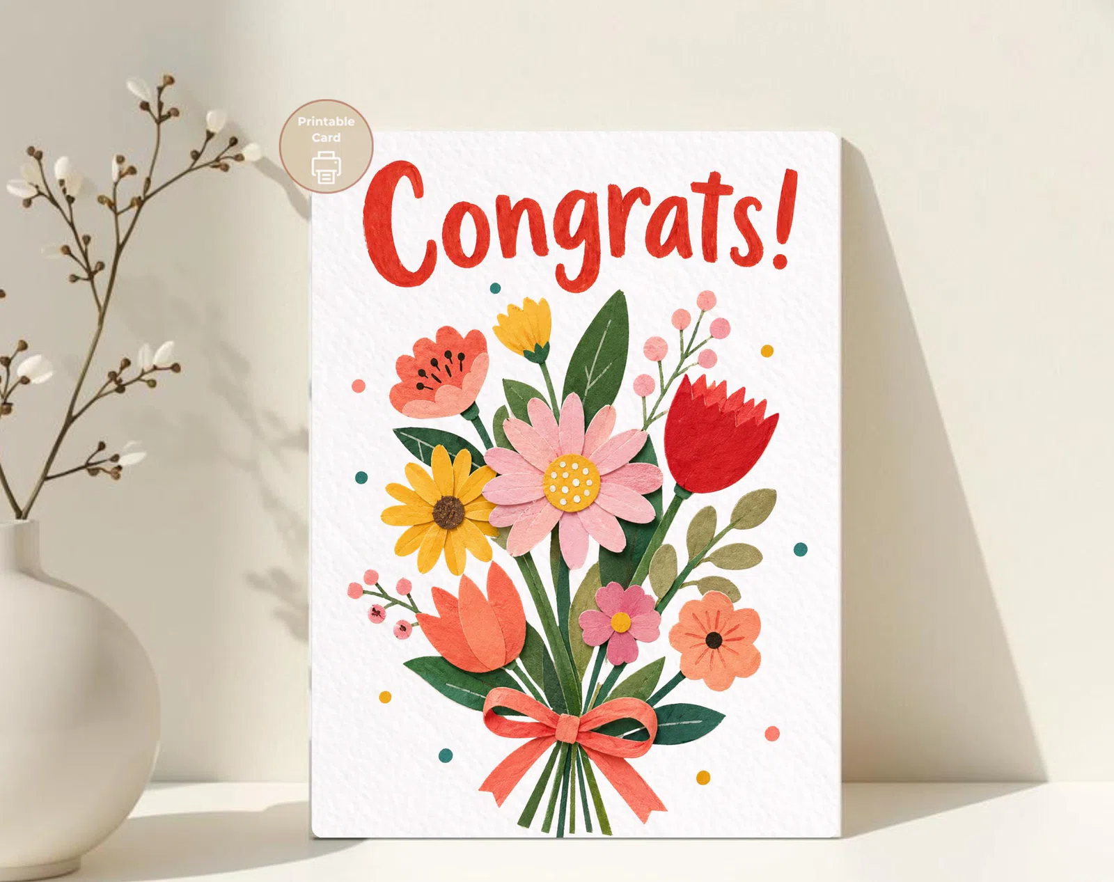 Styled product mockup: A printable congrats card for flower lovers, spring birthdays, and thoughtful everyday notes.