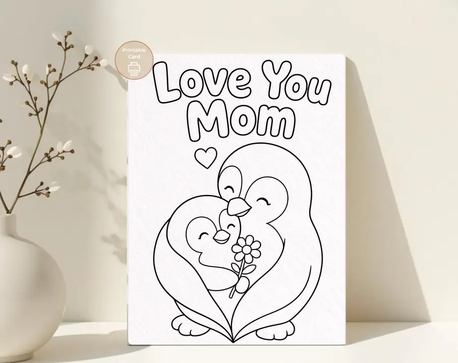 Styled product mockup: Love You Mom Card, Penguin Coloring, Mothers Day Gift