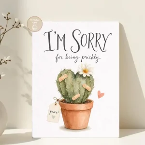 Styled product mockup: A printable im sorry card for plant lovers, plant moms, and thoughtful last minute gifting.