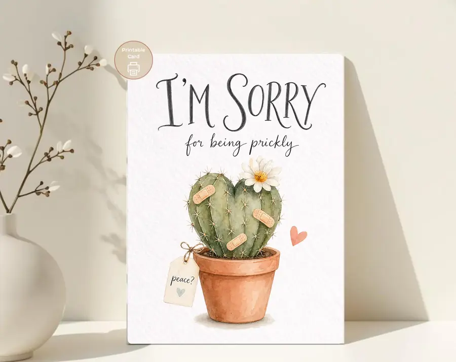 Styled product mockup: A printable im sorry card for plant lovers, plant moms, and thoughtful last minute gifting.
