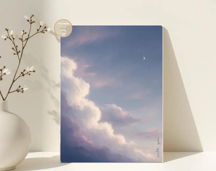 Styled product mockup: With You Card, Peaceful Sky, Support Greeting