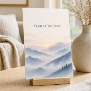 Styled product mockup: A serene printable sympathy card featuring layered misty blue mountains, a soft sunrise, and the message Wishing You Peace.