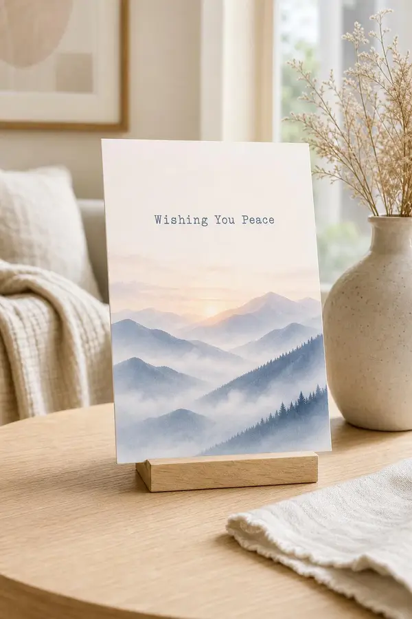 Styled product mockup: A serene printable sympathy card featuring layered misty blue mountains, a soft sunrise, and the message Wishing You Peace.