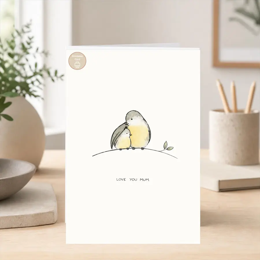 Styled product mockup: A sweet printable Mothers Day card featuring a cuddling mother bird and baby bird on a delicate branch, finished with the handwritten message LOVE YOU MUM.
