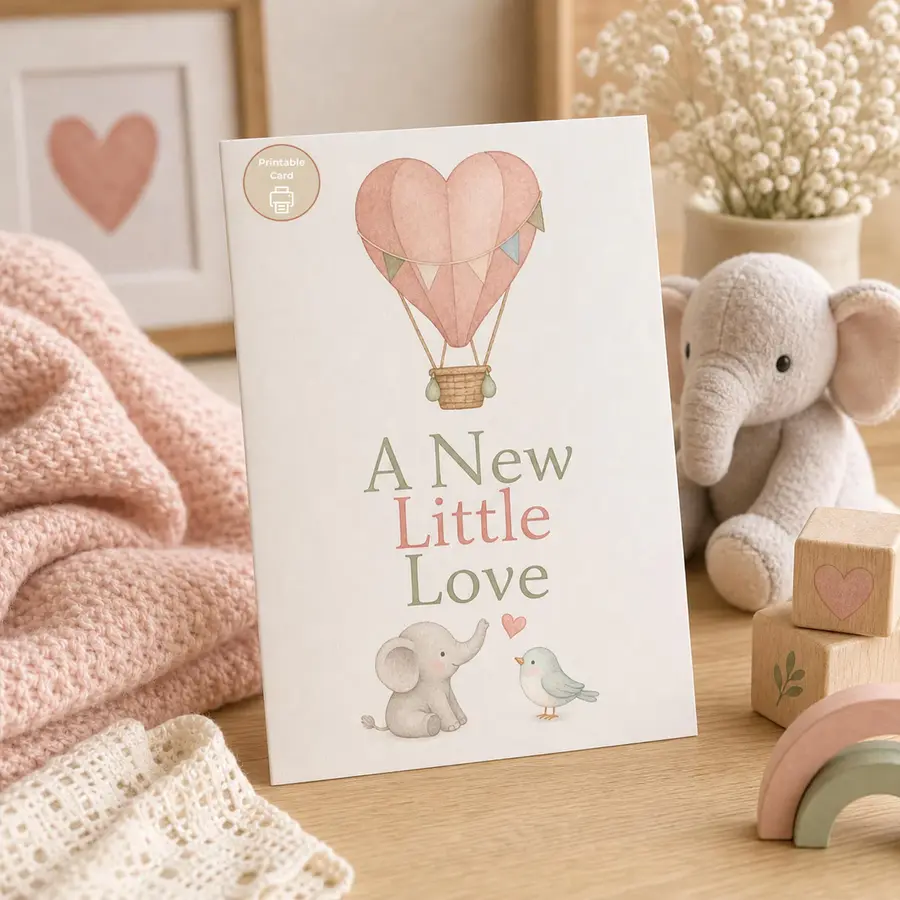 Styled product mockup: A sweet printable new baby card featuring a soft watercolor heart hot air balloon, elephant, little bird, and the message A New Little Love.
