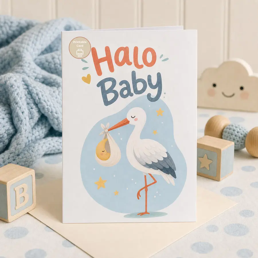 Styled product mockup: This new baby printable card is made for baby showers, newborn congratulations, and sweet notes for new parents.