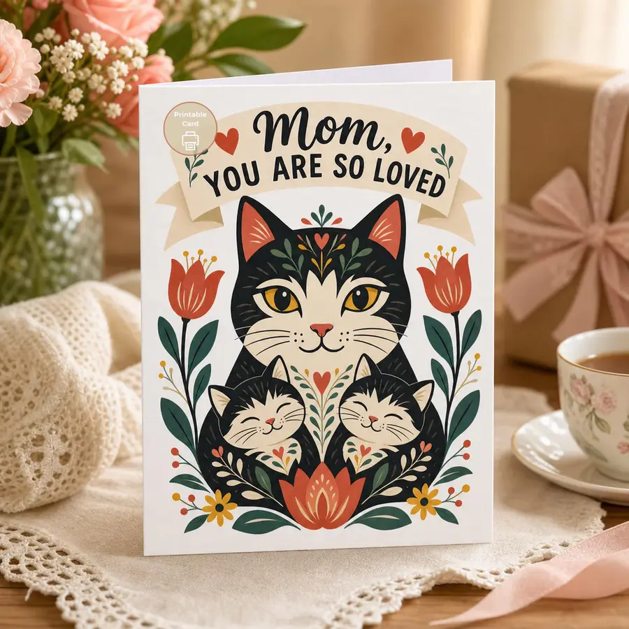 Styled product mockup: This Mothers Day printable card is made for moms who love cats, warm messages, and sweet family artwork.
