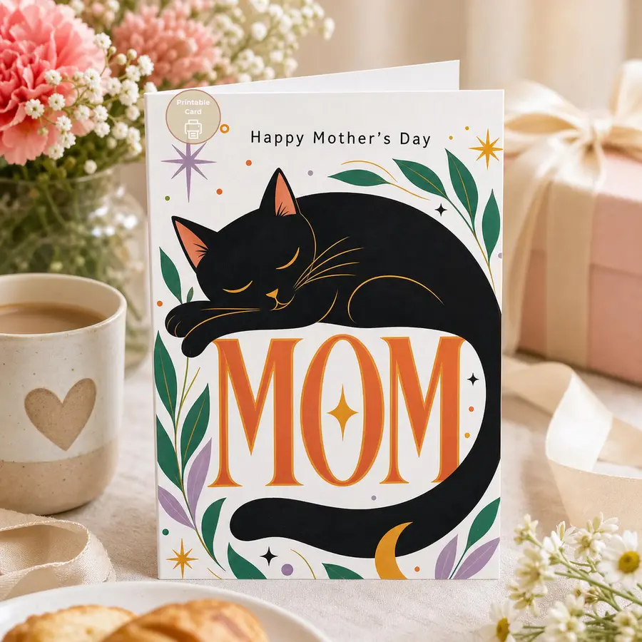 Styled product mockup: This Mothers Day printable card is designed for cat moms and cat lovers who want a thoughtful card without waiting for shipping.