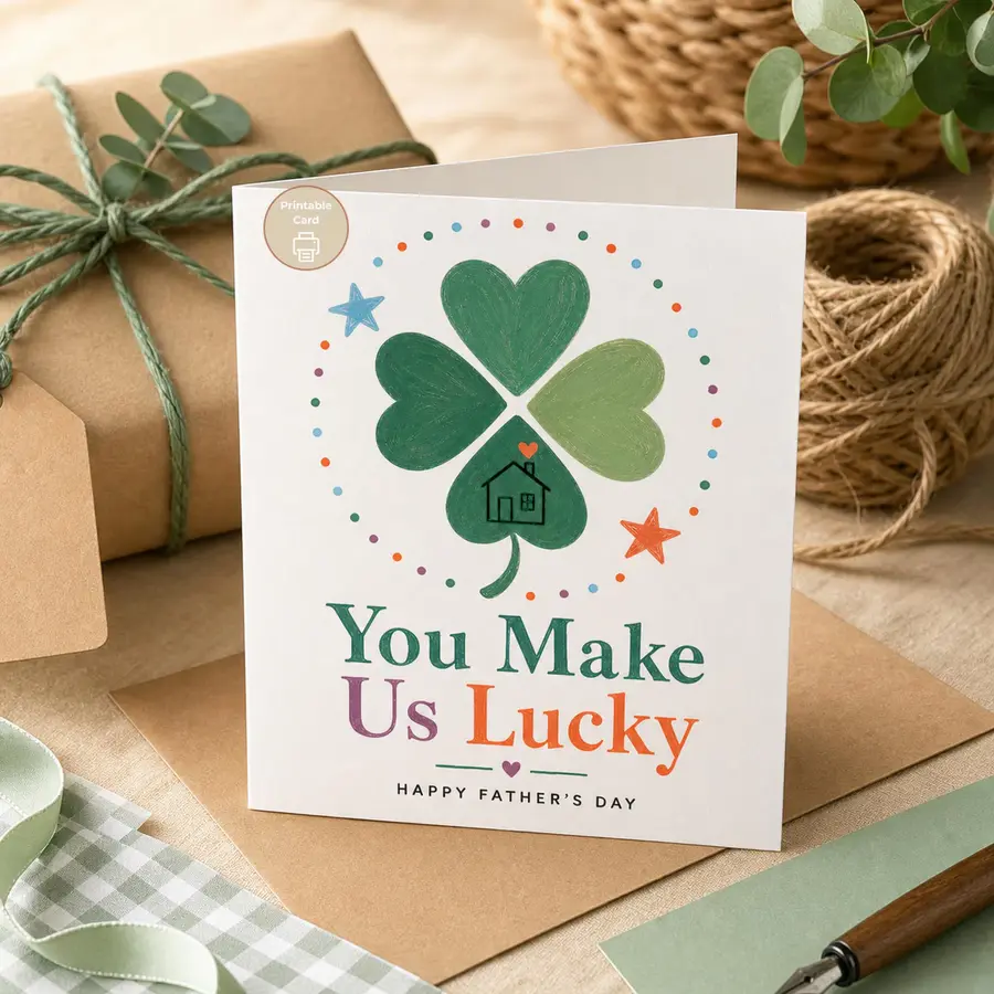 Styled product mockup: A warm printable Father's Day card for a dad who makes family life feel lucky.