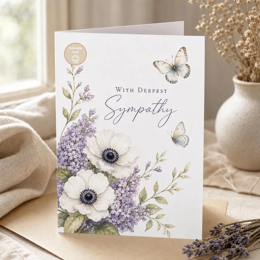 Styled product mockup: This printable sympathy card pairs soft purple flowers with delicate butterflies for a gentle condolence message.