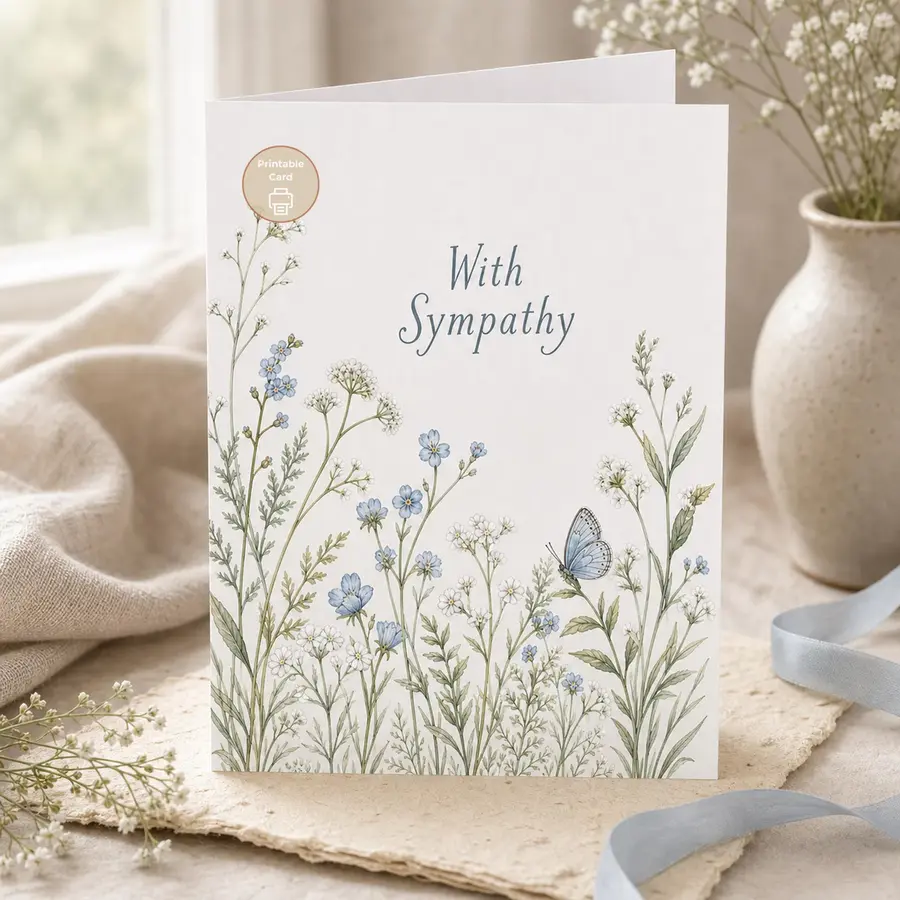 Styled product mockup: This printable sympathy card has a quiet meadow of blue wildflowers with a soft butterfly accent.