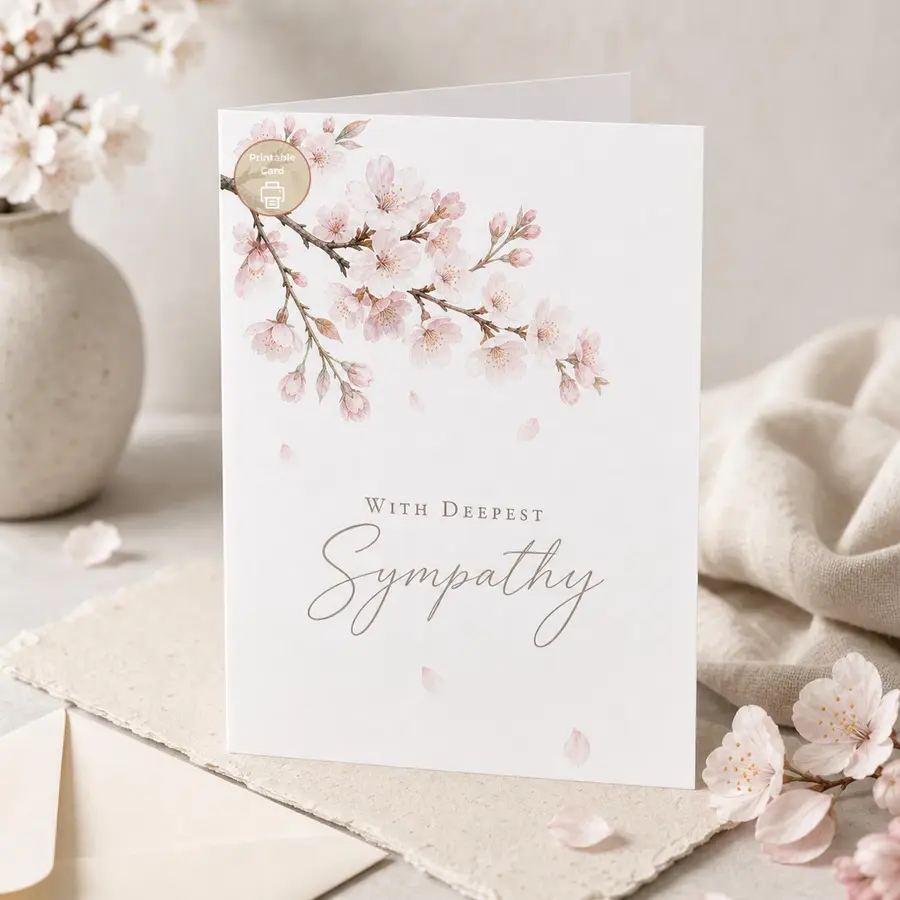 Styled product mockup: This deepest sympathy printable card uses airy cherry blossoms and falling petals for a minimal, graceful condolence design.