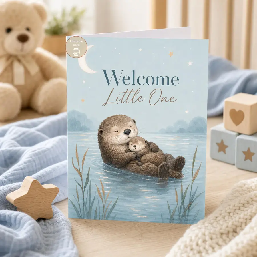 Styled product mockup: This Welcome Little One printable card features a cozy parent and baby otter floating under a soft moonlit sky.