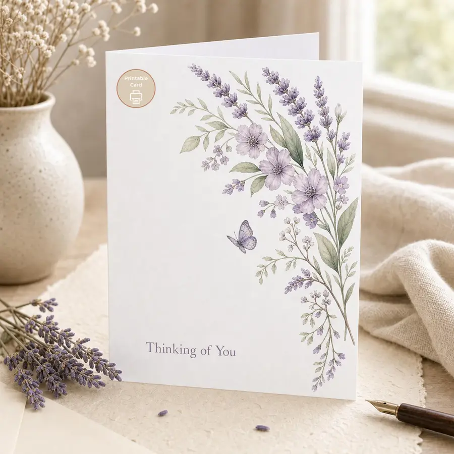 Styled product mockup: This Thinking of You printable card features lavender-toned flowers, soft greenery, and a delicate butterfly.