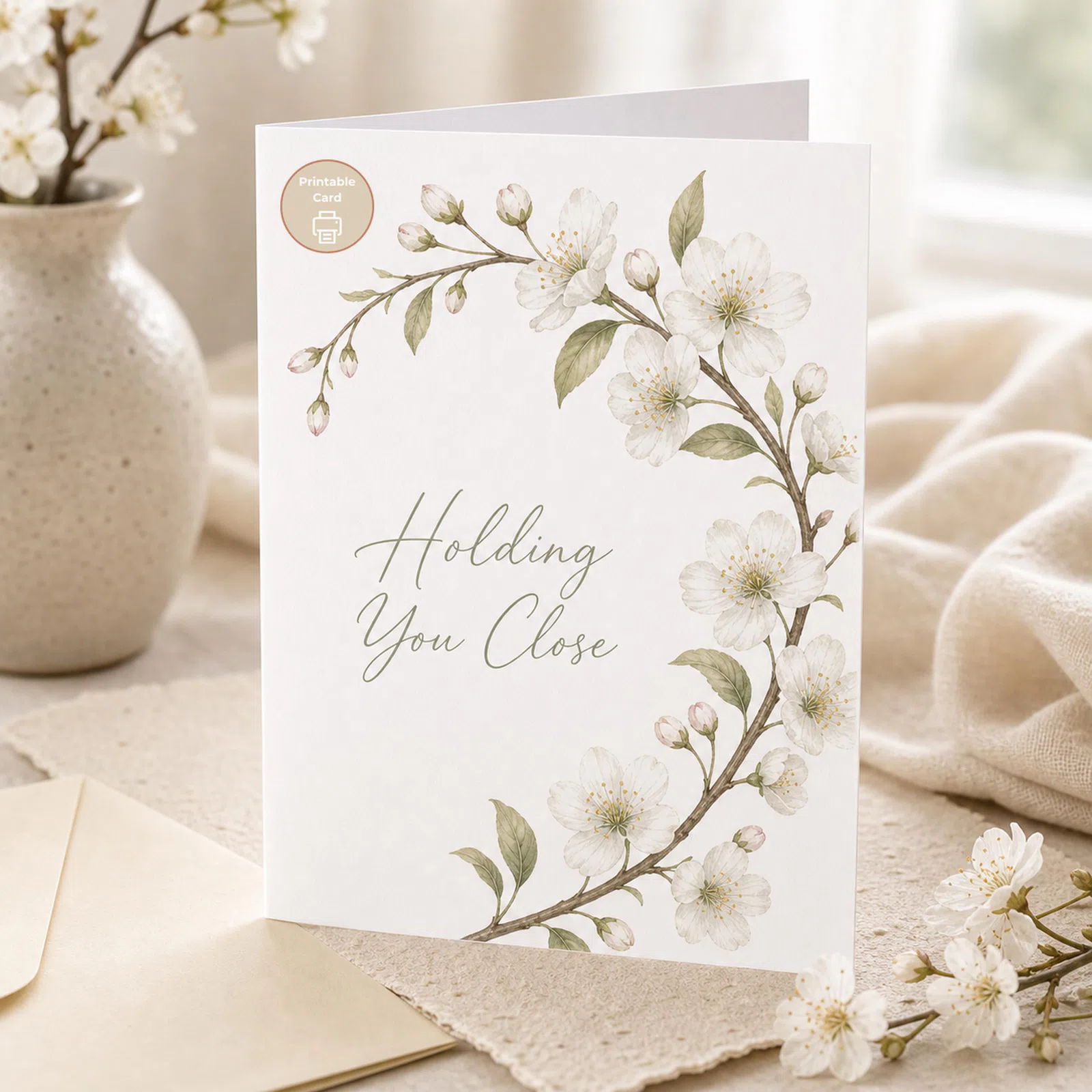 Styled product mockup: This Holding You Close printable card uses a soft white blossom branch and gentle script for a warm comfort message.