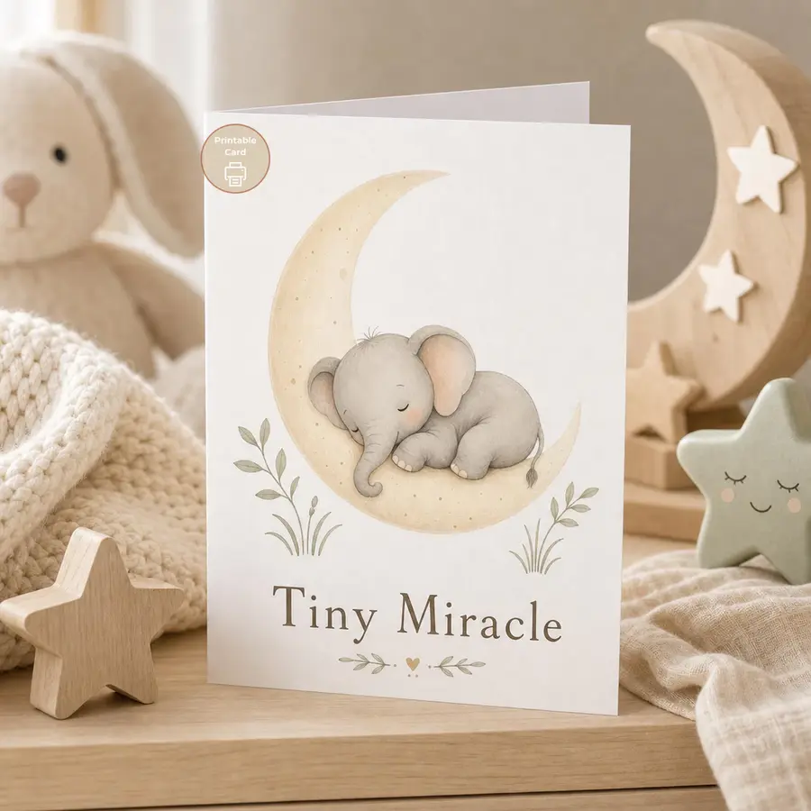 Styled product mockup: This Tiny Miracle printable card shows a sleeping baby elephant curled on a soft crescent moon.