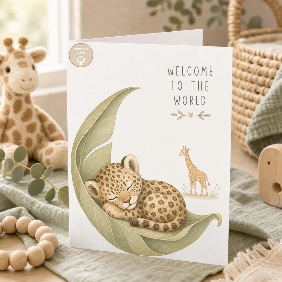 Styled product mockup: This Welcome to the World printable card features a sleeping leopard cub nestled in a soft green leaf.