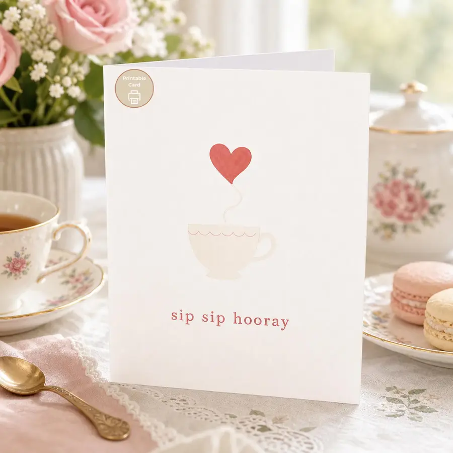 Styled product mockup: This Sip Sip Hooray printable card pairs a minimal teacup with a red heart balloon for a cheerful tea-themed message.