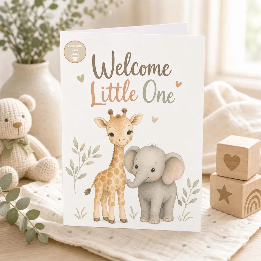 Styled product mockup: This Welcome Little One printable card features a sweet giraffe and elephant in a soft safari nursery style.