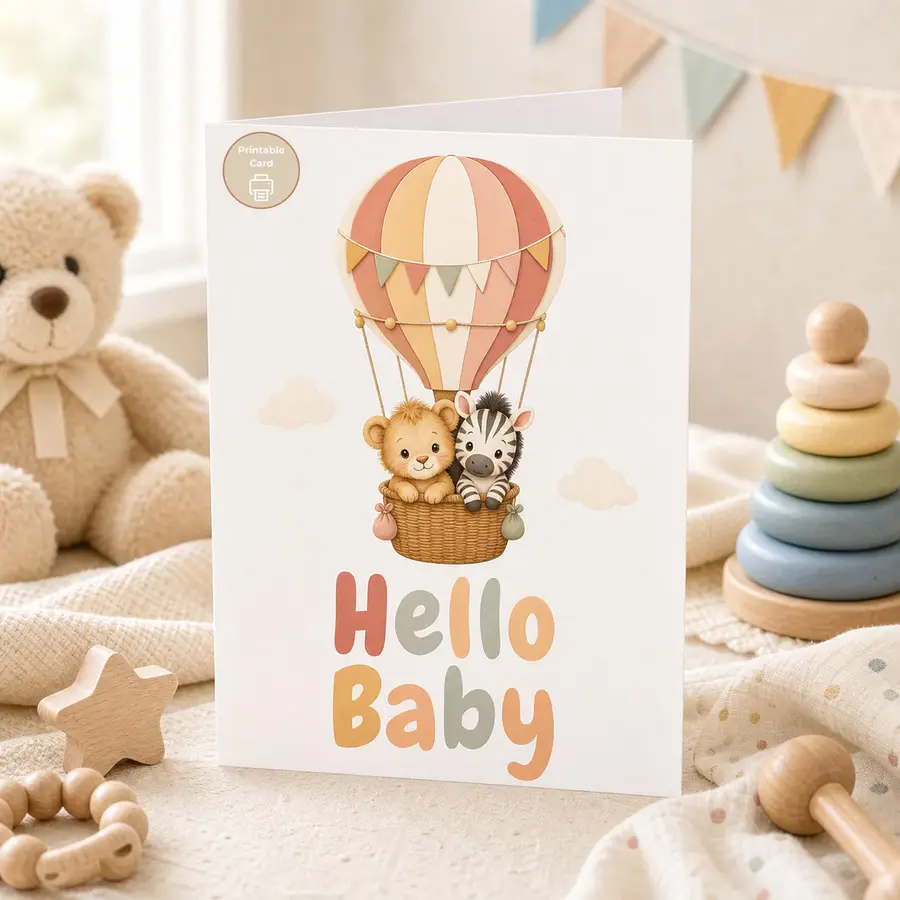 Styled product mockup: This Hello Baby printable card has a cheerful hot air balloon with a lion and zebra for a playful nursery feel.