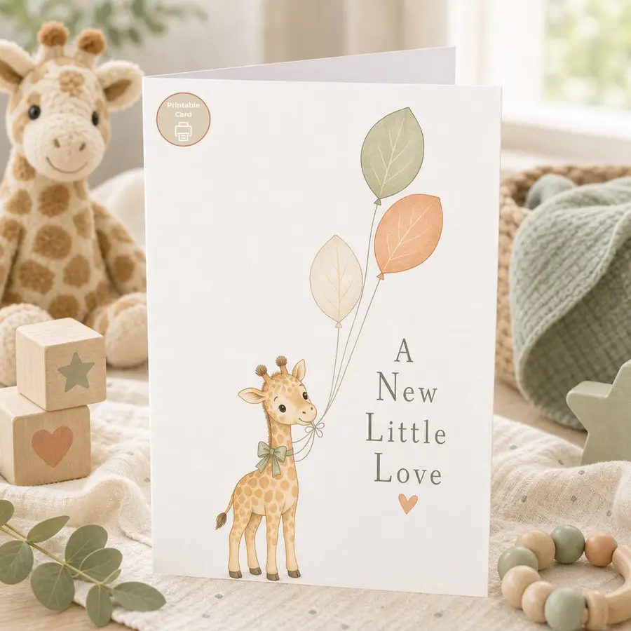 Styled product mockup: This A New Little Love printable card shows a baby giraffe holding soft leaf balloons in sage and peach tones.