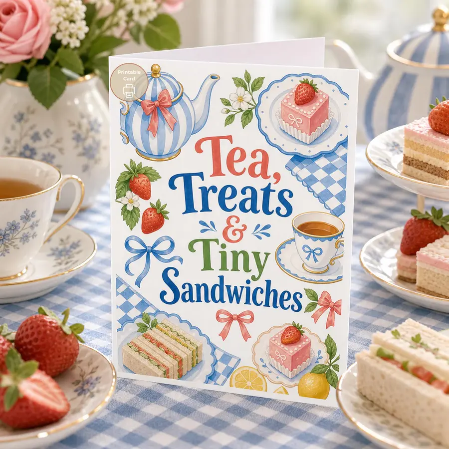 Styled product mockup: This Tea, Treats & Tiny Sandwiches printable card is full of blue teaware, strawberries, cakes, bows, and cheerful tea-party details.
