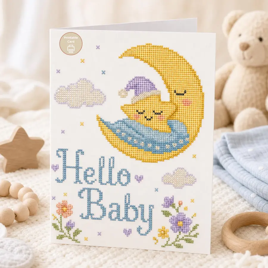 Styled product mockup: New Baby Card, Hello Baby Moon, Printable Nursery