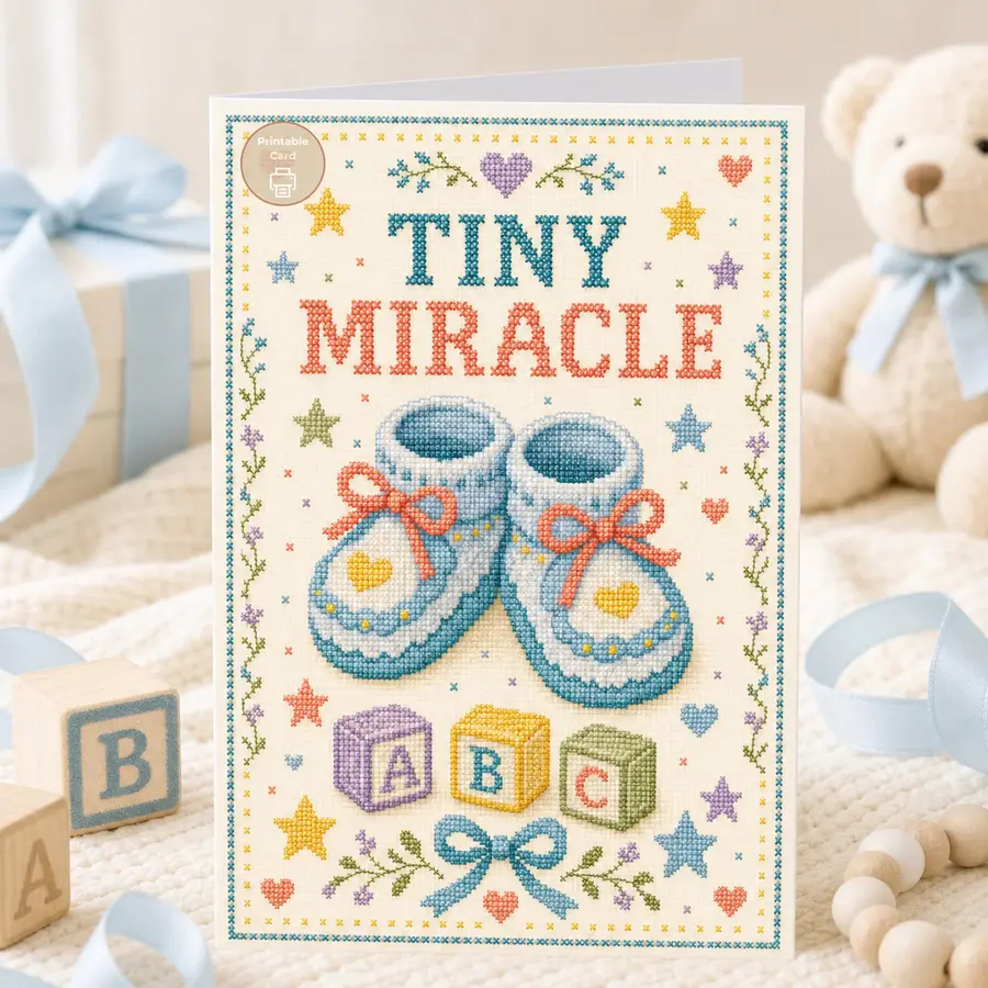 Styled product mockup: New Baby Card, Tiny Miracle Booties, Printable Nursery