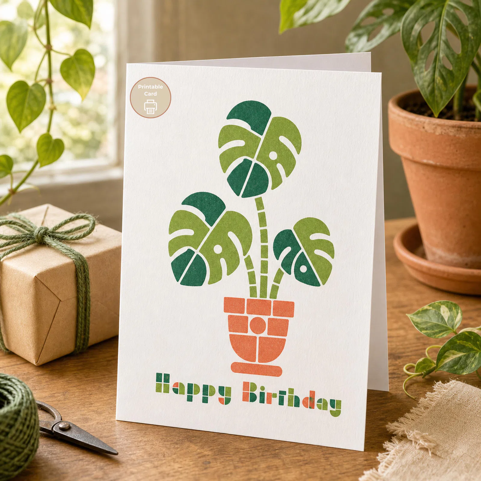 Styled product mockup: A printable happy birthday card for plant lovers, plant moms, and thoughtful last minute gifting.