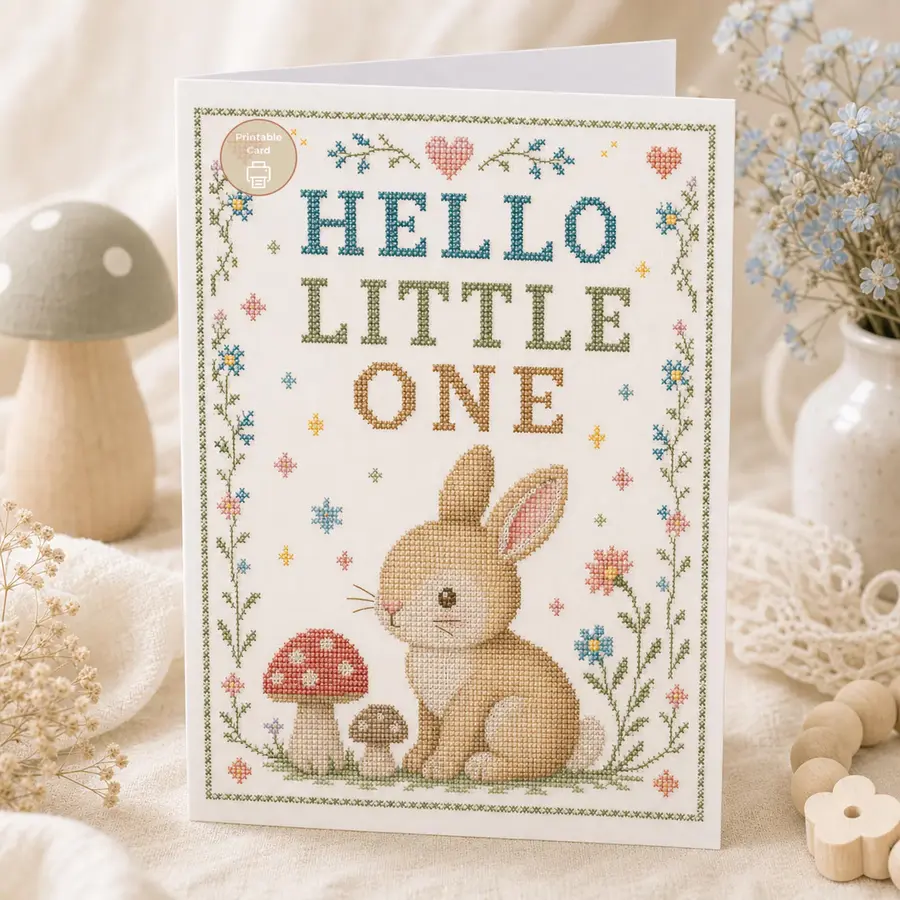 Styled product mockup: A printable hello little one card for flower lovers, spring birthdays, and thoughtful everyday notes.