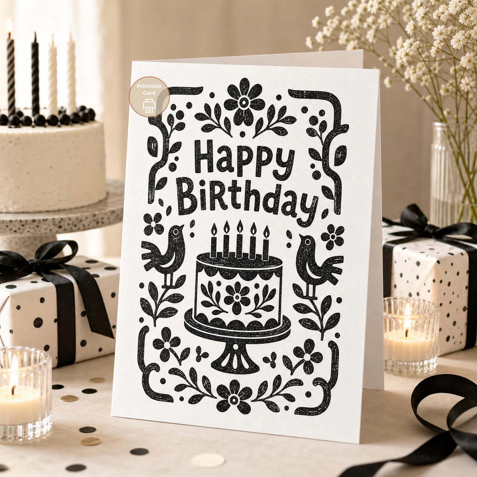 Styled product mockup: Birthday Card, Folk Art Cake, Printable Coloring Style