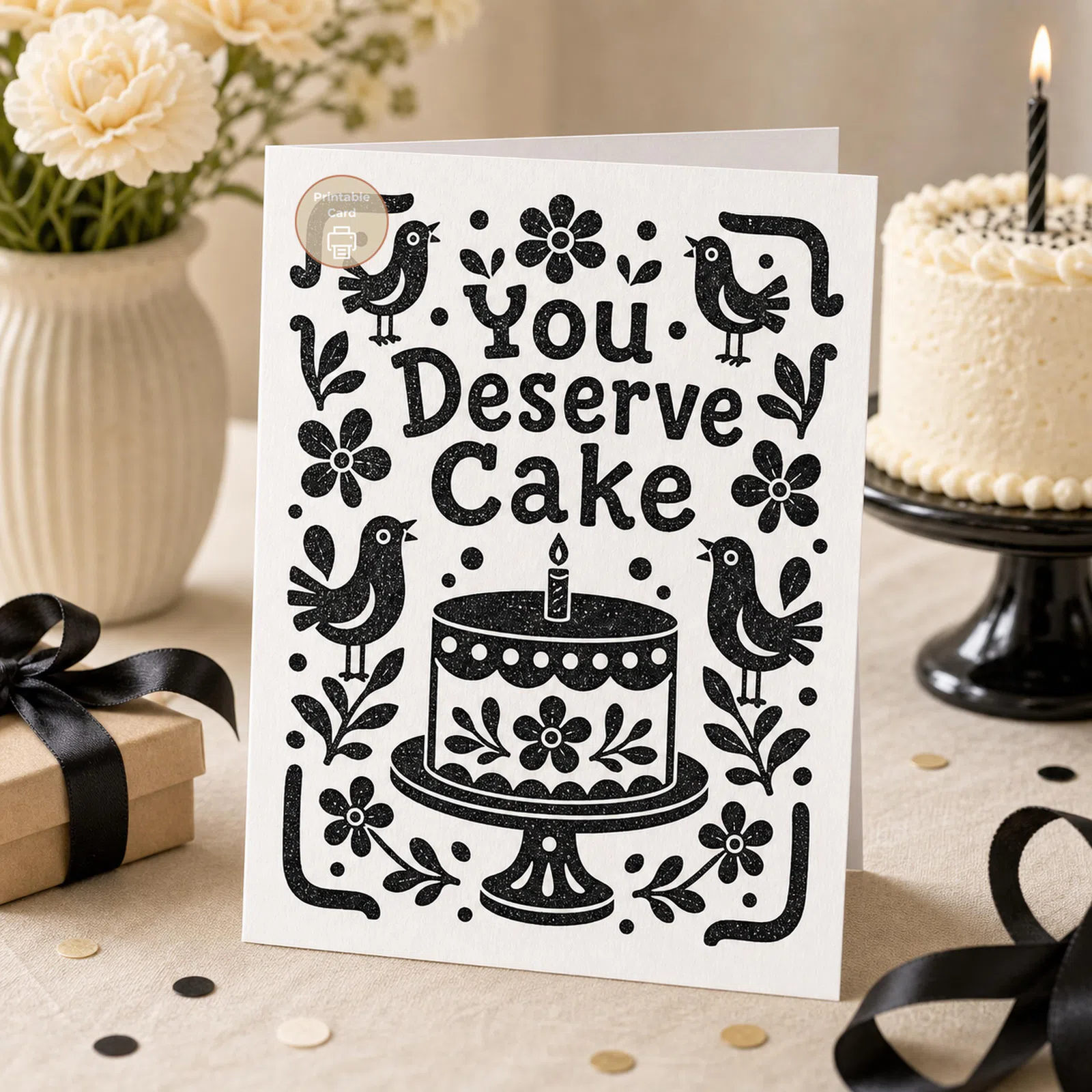 Styled product mockup: Birthday Card, You Deserve Cake, Folk Art Printable