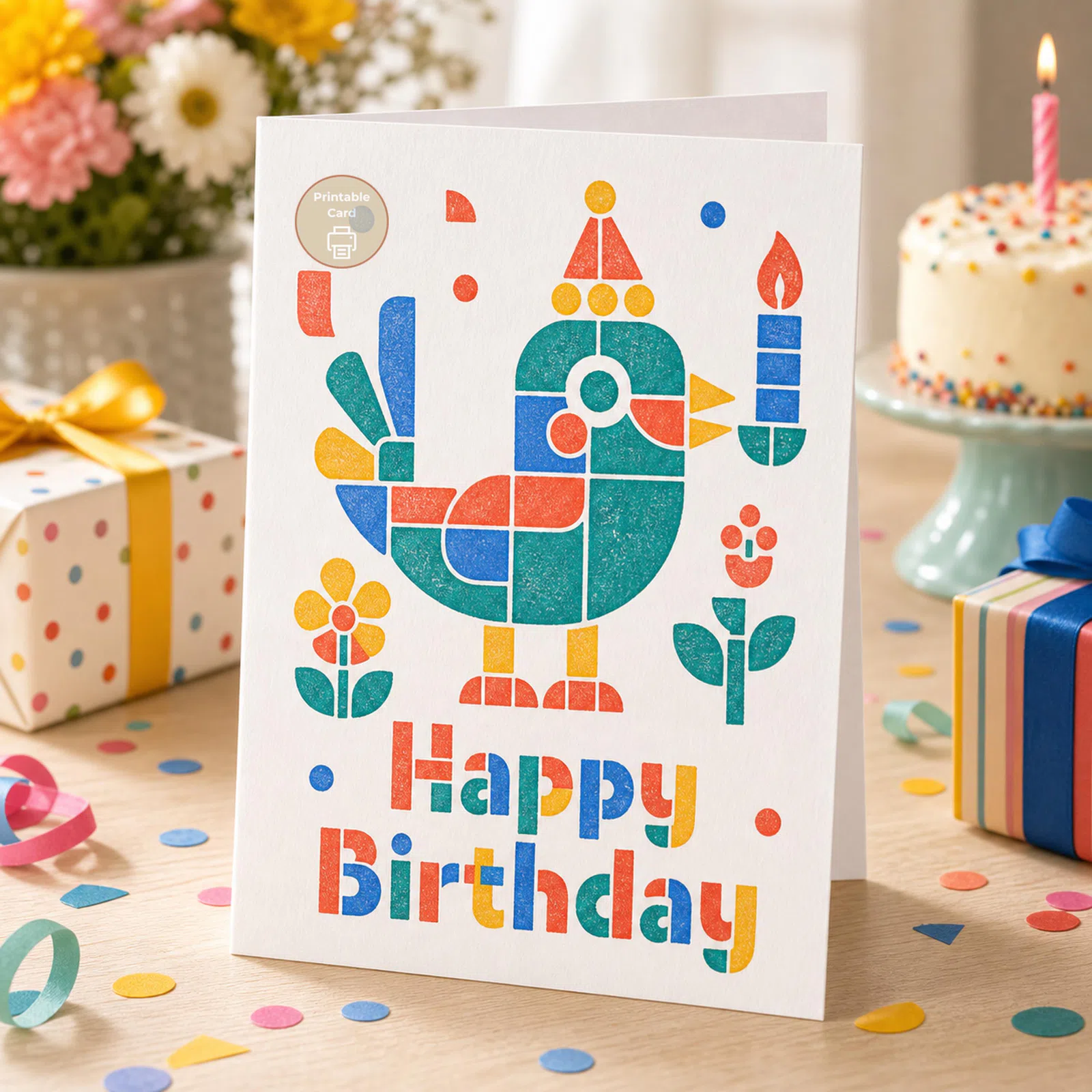 Styled product mockup: Birthday Card, Geometric Bird