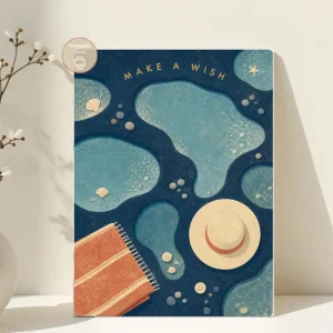 Styled product mockup: A printable make a wish beach birthday card for ocean lovers, beach house gifting, and thoughtful everyday notes.