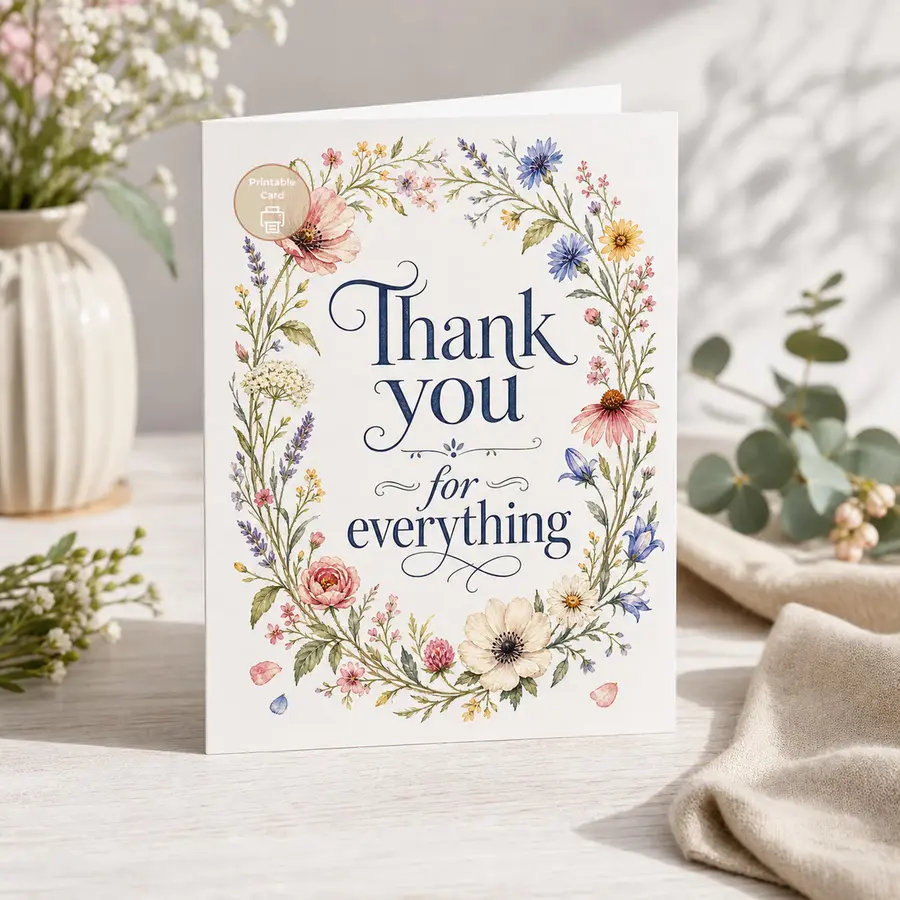 Styled product mockup: A printable thank you card with elegant dark blue script and a soft watercolor wildflower border.