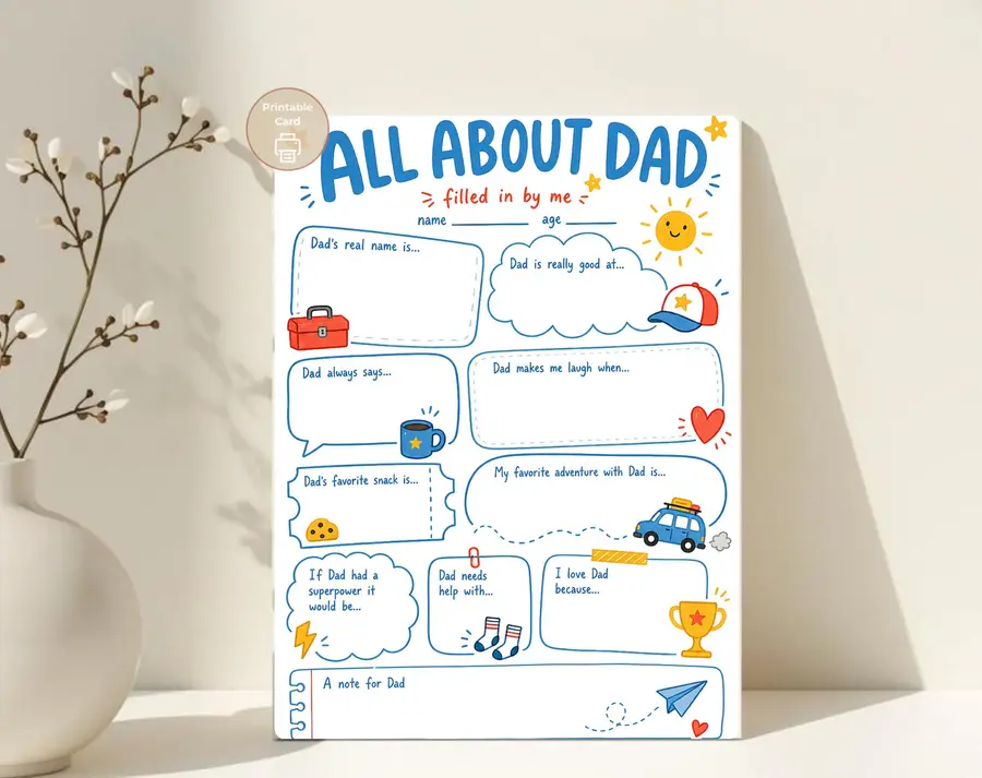 Styled product mockup: A playful All About Dad printable card for kids to fill in with funny answers, favorite memories, and a personal note for Dad.