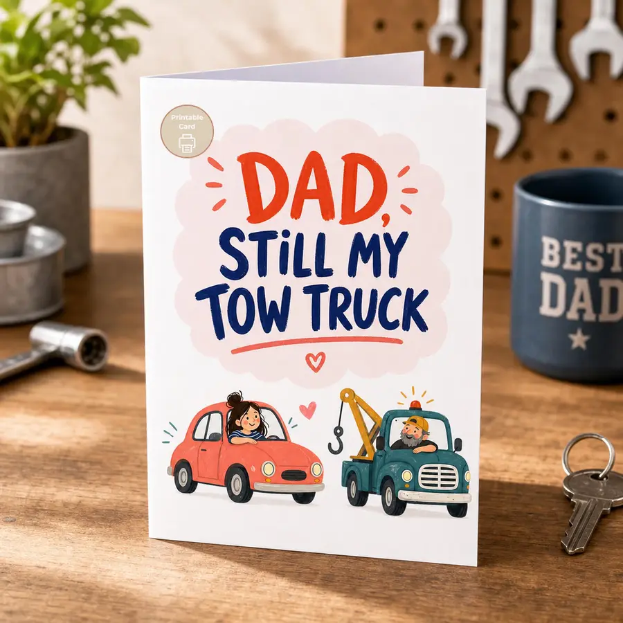 Styled product mockup: A sweet funny Father's Day printable card for the dad who still shows up when life needs a rescue.