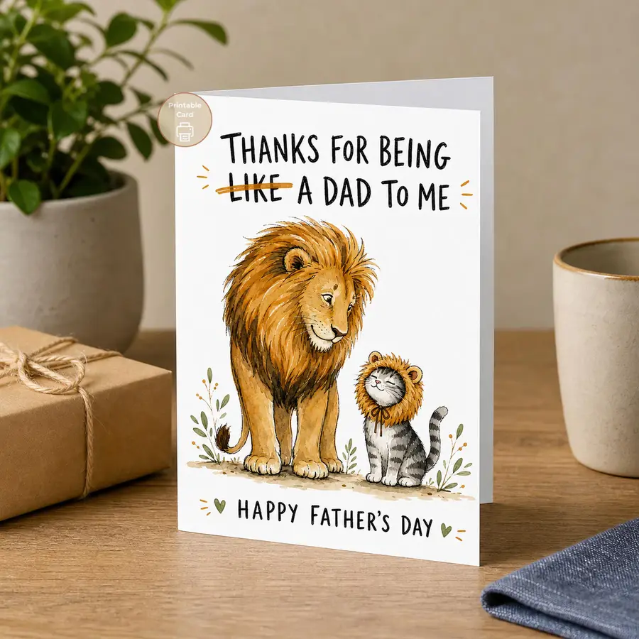 Styled product mockup: A warm printable Father's Day card with a watercolor lion beside a cat wearing a little lion mane.