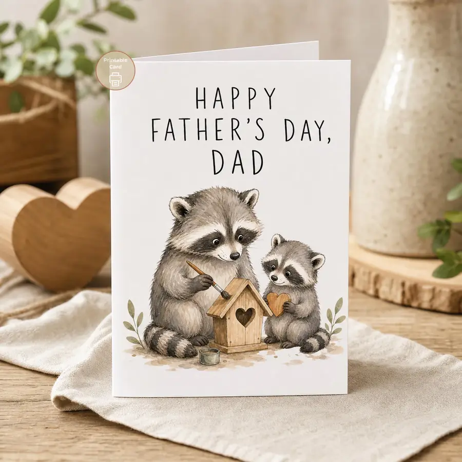 Styled product mockup: A sweet Father's Day printable card with a watercolor raccoon dad and little one making a wooden house together.