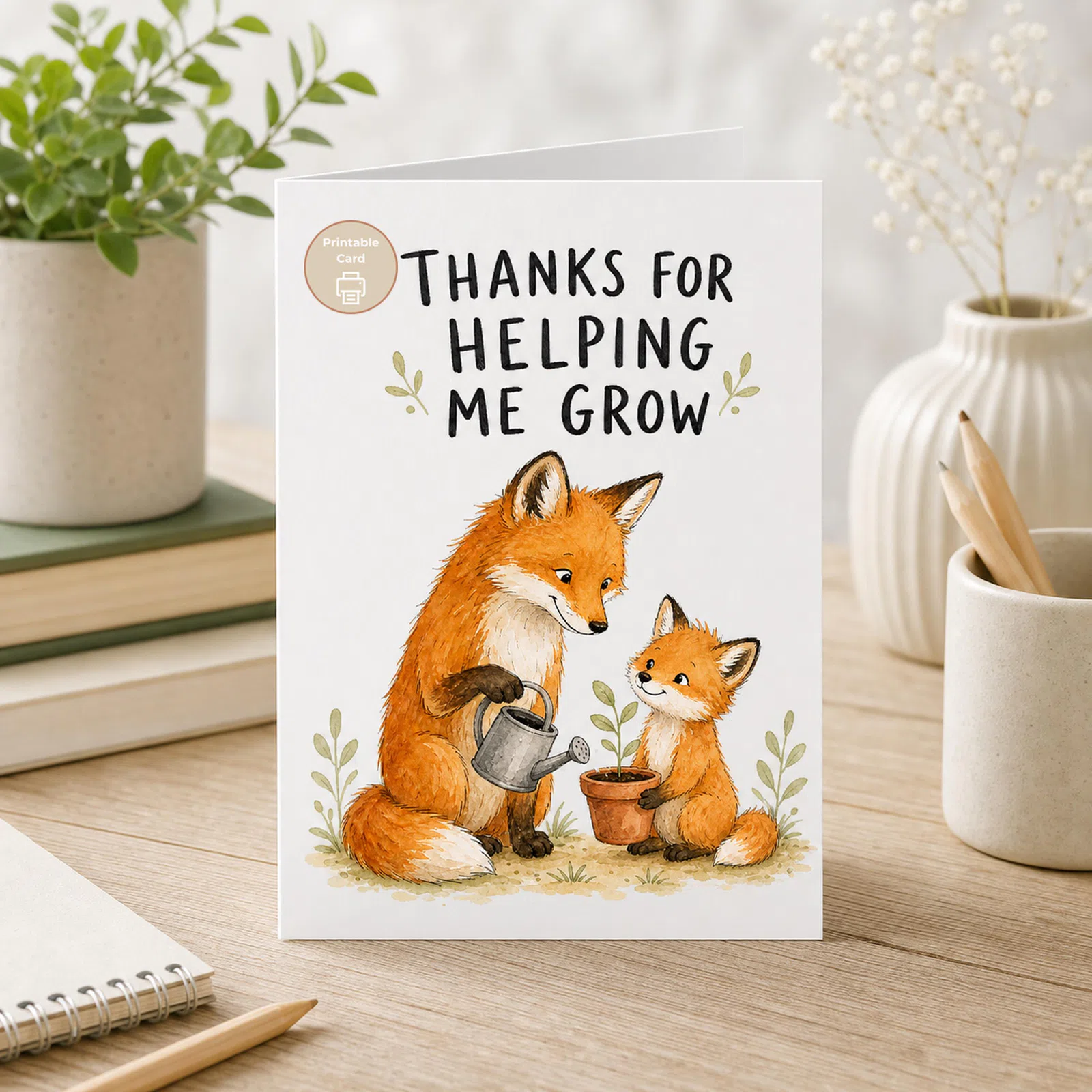 Styled product mockup: Say thank you to a Dad, mentor, nursery worker, or classroom helper with a warm fox-themed printable card.